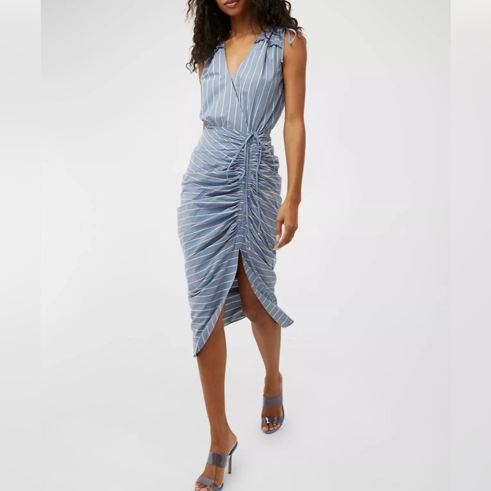 Veronica Beard Teagan Stripe Ruched V-Neck Midi Dress in Blue/Kelly Green 2 NWT